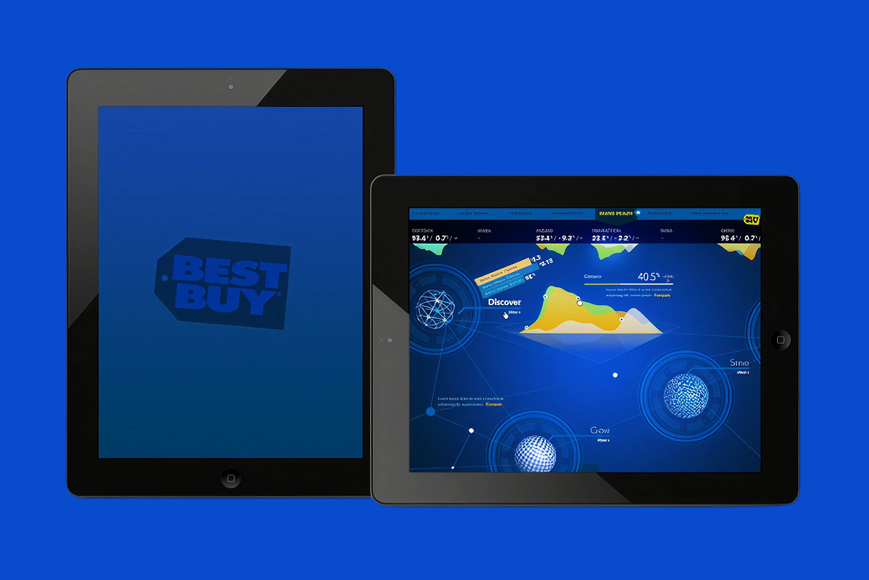 Best Buy branded tablet beside a tablet showing the Reward Zone marketing dashboard