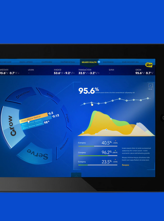 Best Buy Reward Zone Brand Health dashboard with Discover, Grow, Serve wheel and 95.6% score