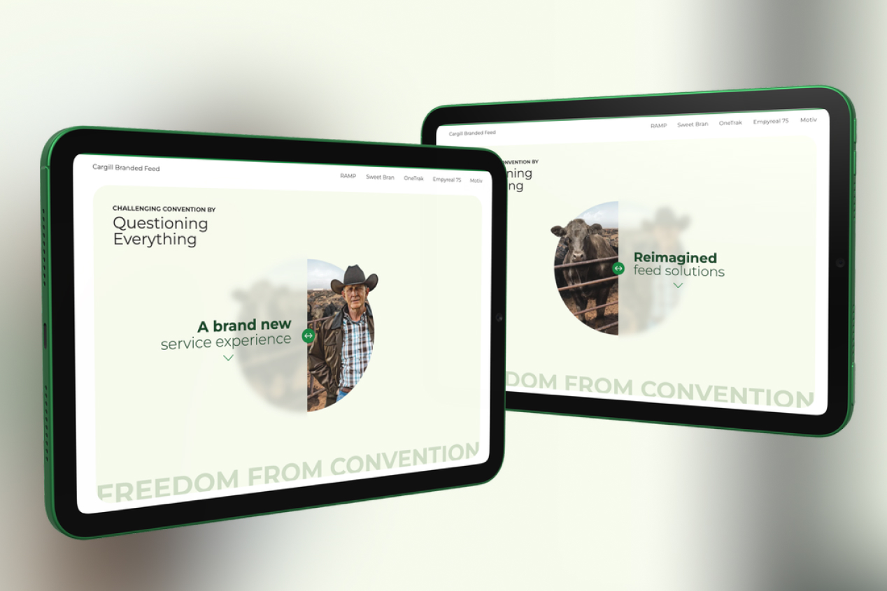 Cargill Branded Feed site shown on two tablets, Questioning Everything and Reimagined feed solutions
