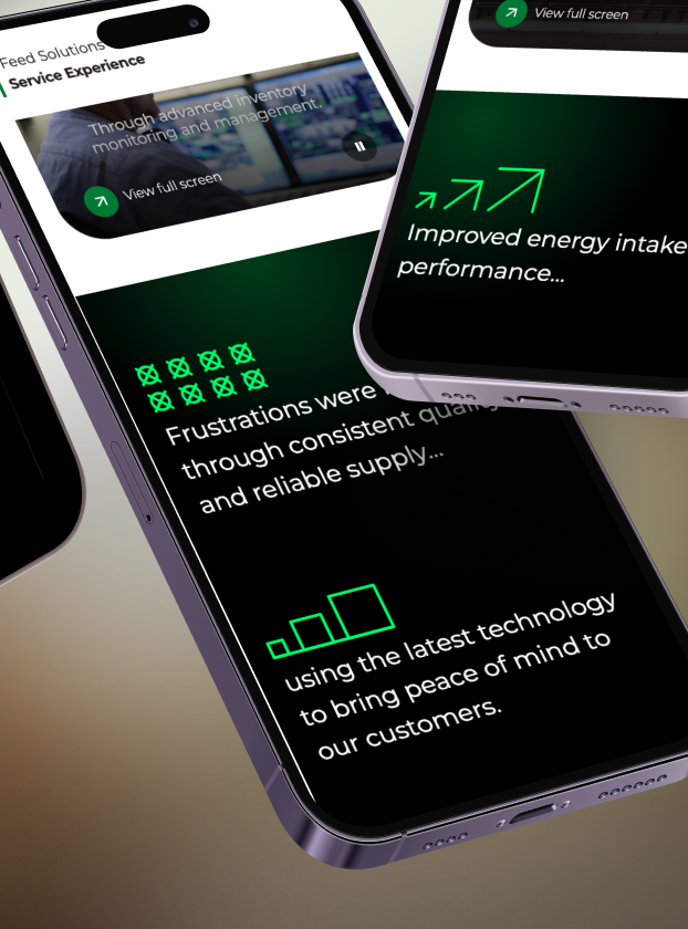 Cargill Branded Feed mobile screens showing service and performance detail