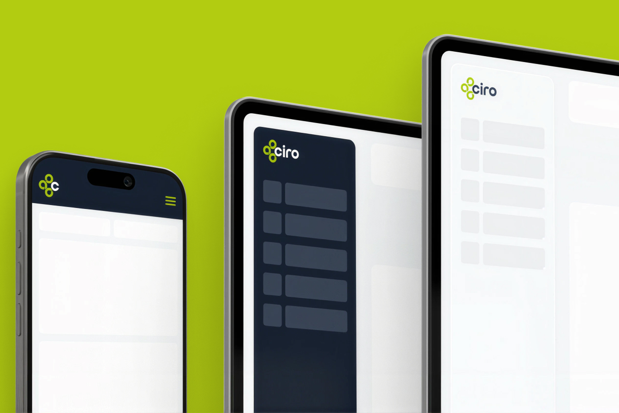 ciro platform shown across phone and tablet mockups, wireframe navigation and dashboard layout