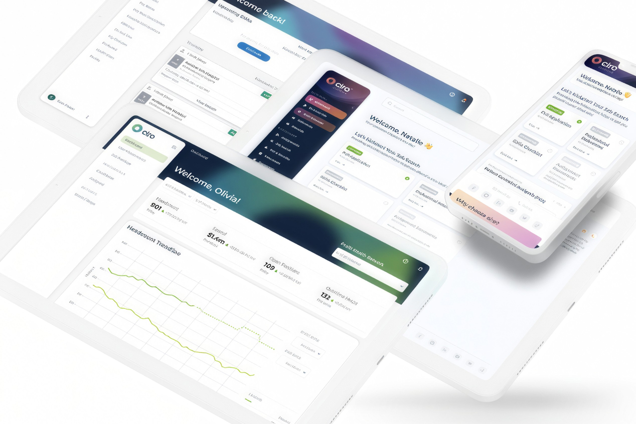 ciro dashboard and welcome screens shown across tablet and phone with colorful gradient headers