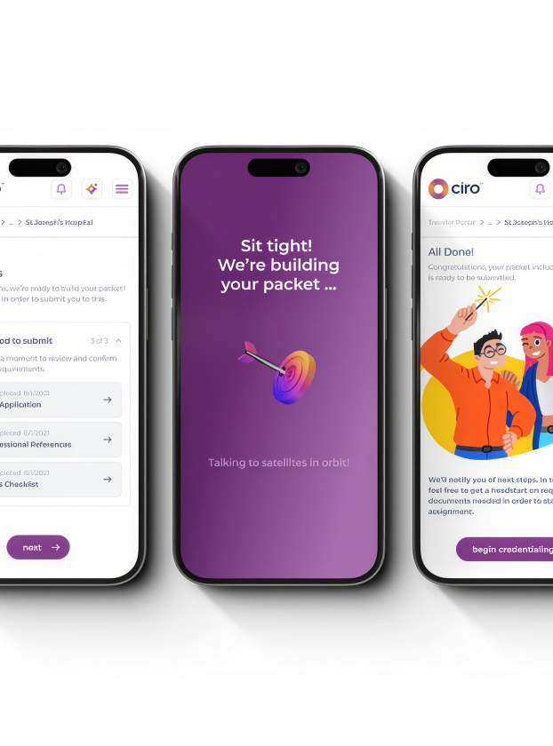 ciro credentialing flow building a travel packet, shown across phone screens