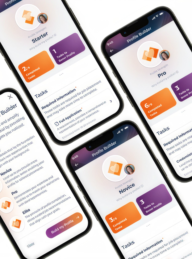 ciro Profile Builder showing Starter, Pro, and Novice completion tiers across phone screens