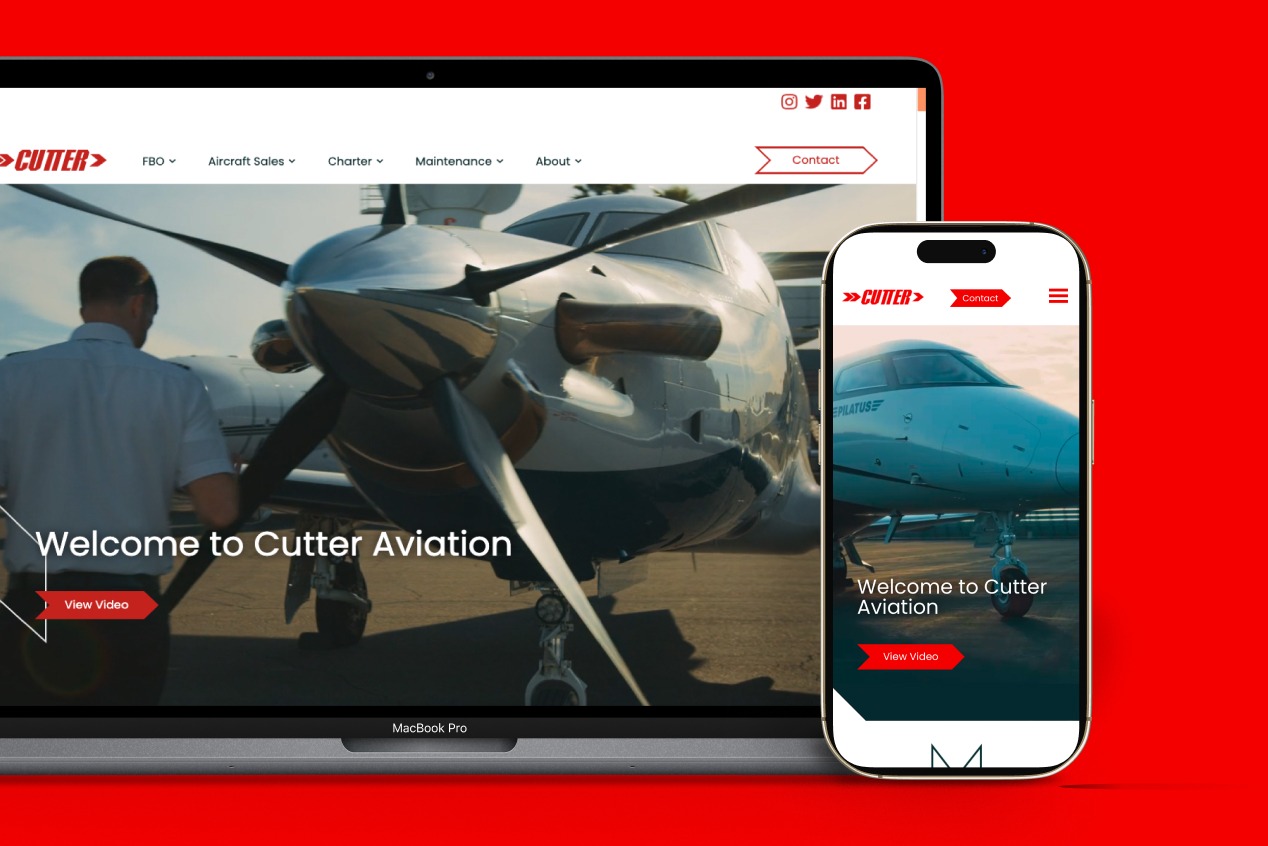 Cutter Aviation homepage shown on laptop and phone mockups against a red background