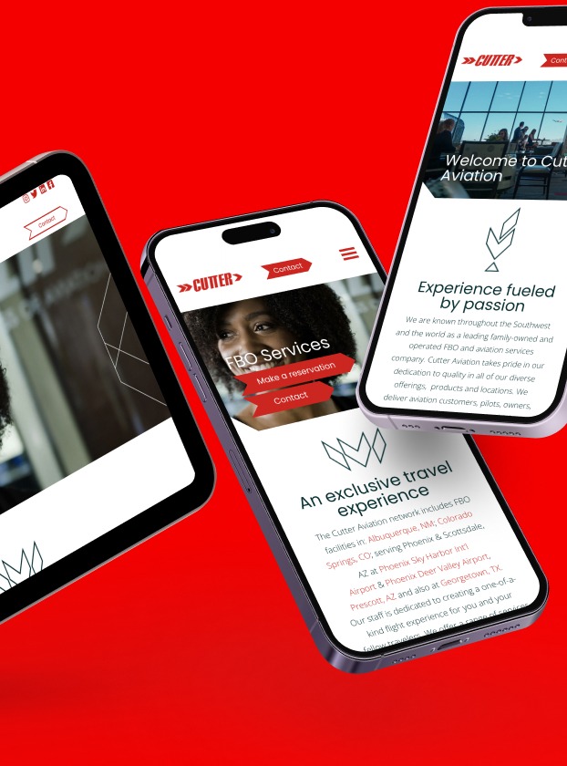 Cutter Aviation FBO Services, exclusive travel experience, and welcome screens shown across three phones