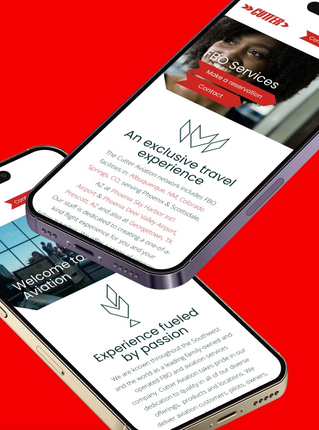 Cutter Aviation FBO Services and exclusive travel experience screens shown across phones, detail view