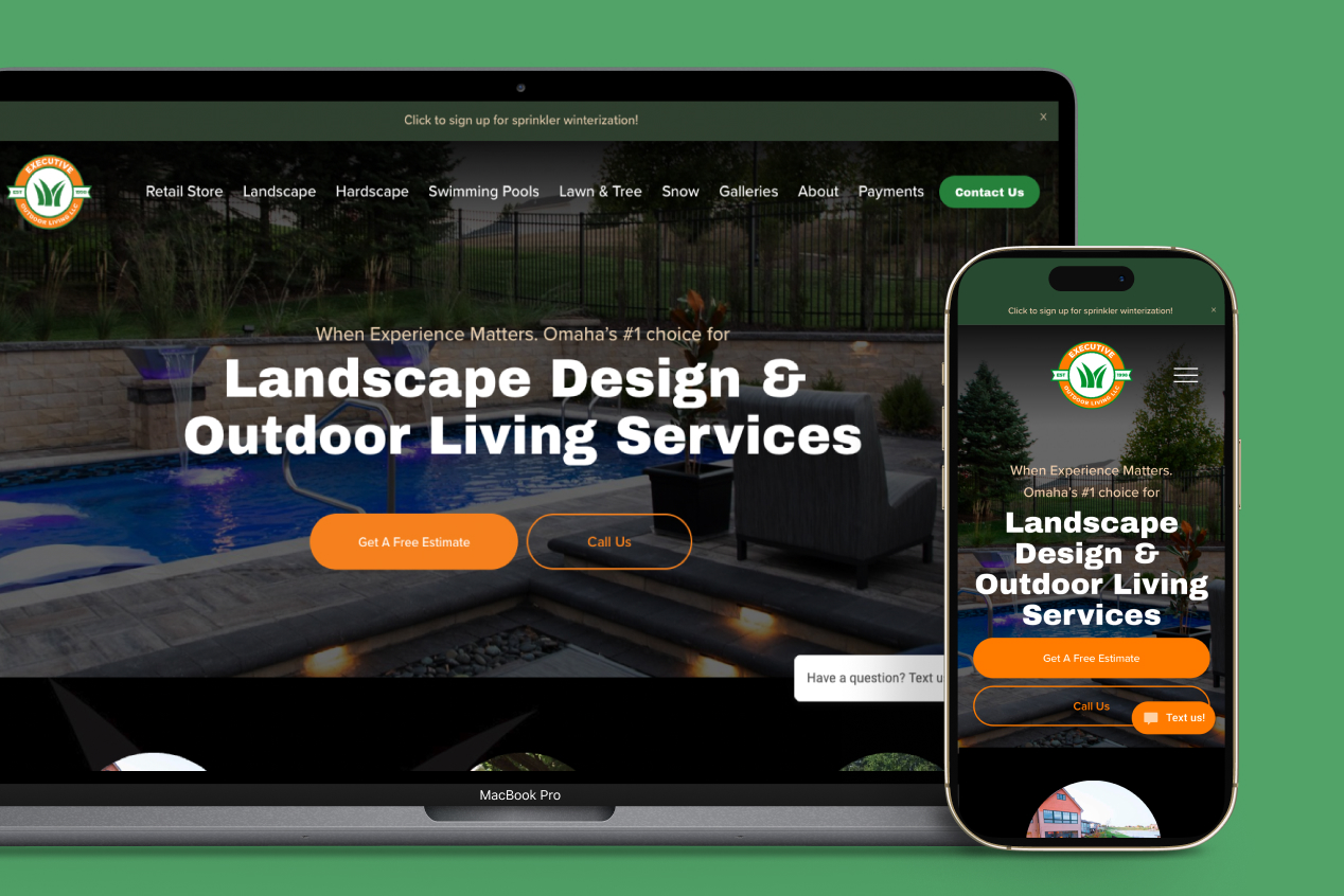 Executive Outdoor Living website shown on laptop and phone mockups, Landscape Design and Outdoor Living Services hero