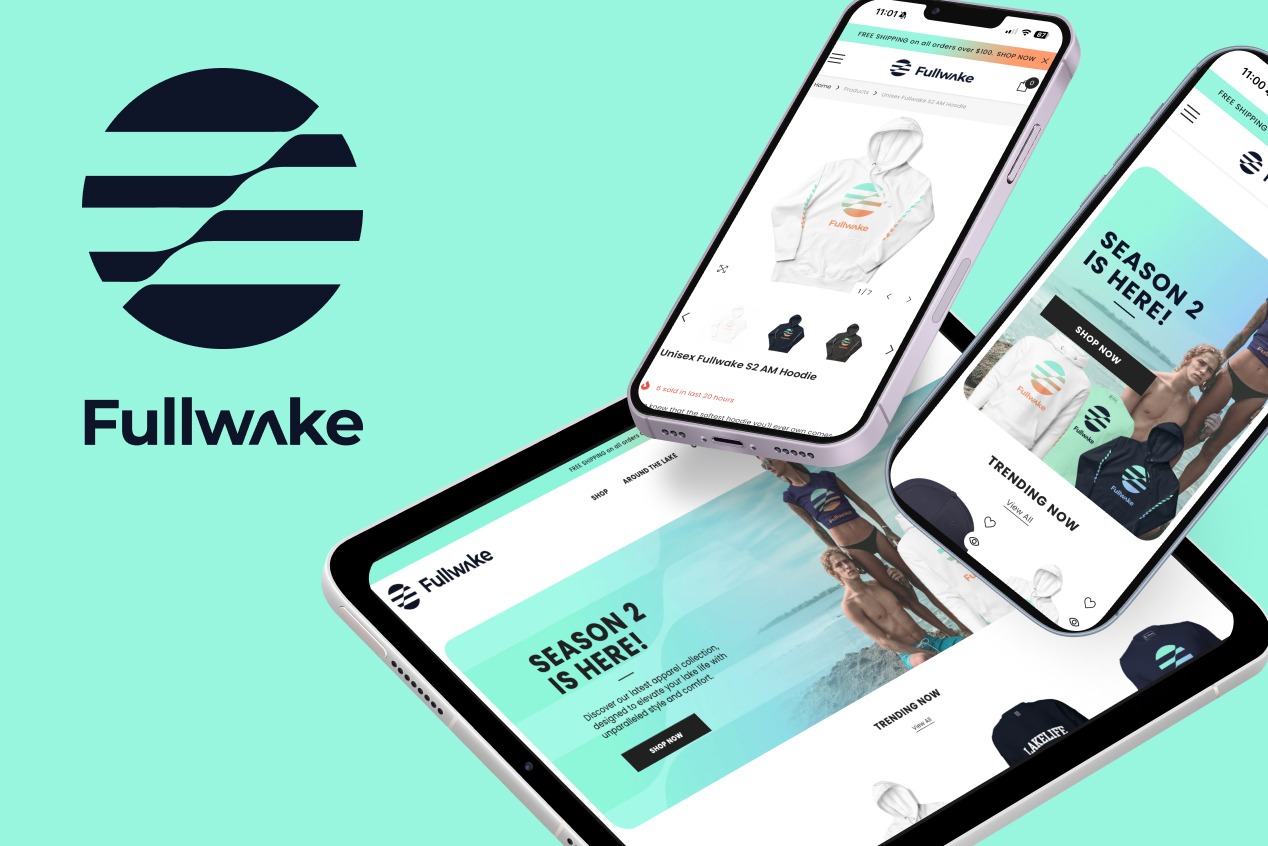 Fullwake logo beside phone and tablet mockups of the e-commerce site on a mint background
