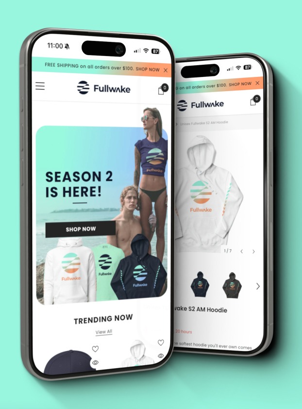 Fullwake e-commerce site shown on two phones, Season 2 hero and hoodie product detail