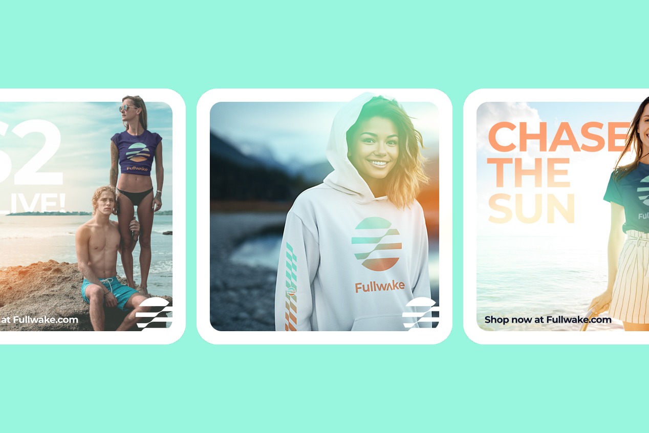 Three-image collage: models in Fullwake apparel on a beach, a hoodie in the mountains, and a Chase the Sun campaign card