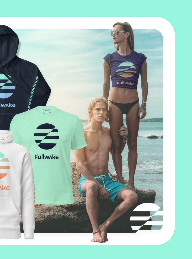 Models in Fullwake apparel on a beach rock, with hoodie and t-shirt product cutouts overlaid