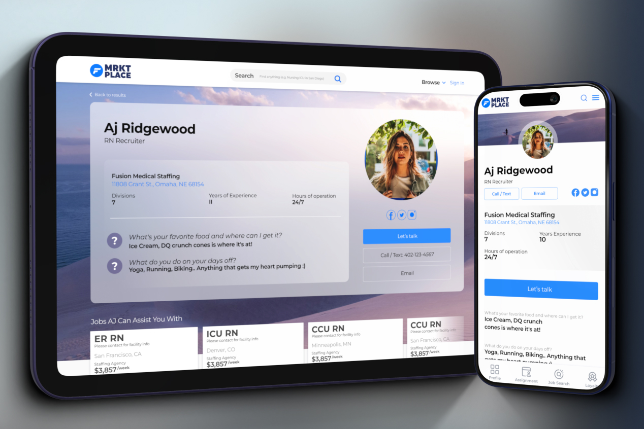 Fusion Marketplace recruiter profile shown on tablet and phone