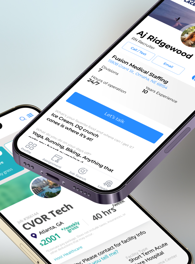 Fusion Marketplace recruiter profile and job listing shown across two phones
