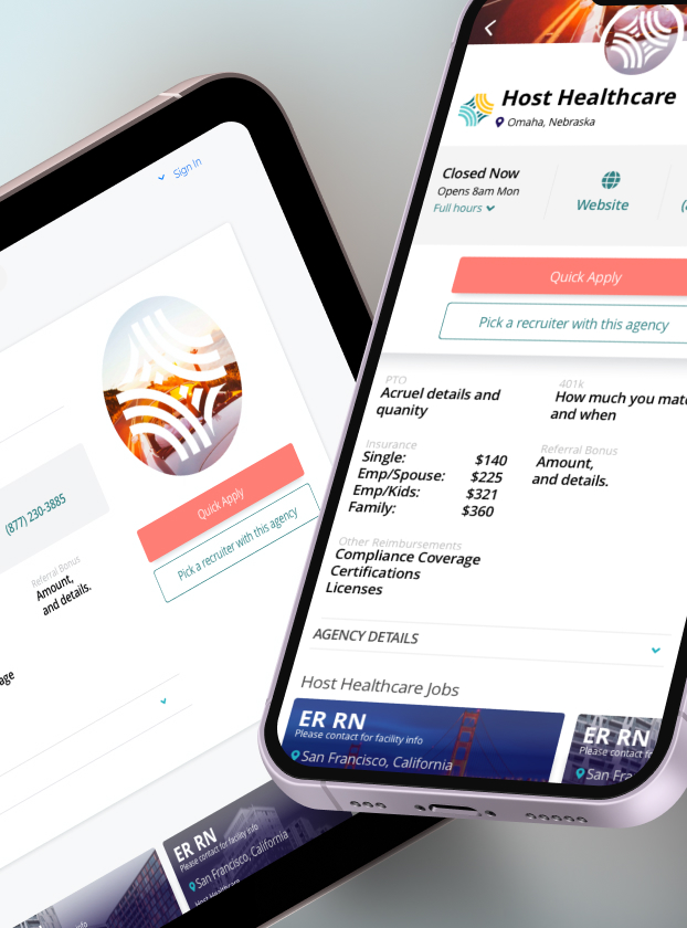 Fusion Marketplace agency detail page with Quick Apply, shown on tablet and phone
