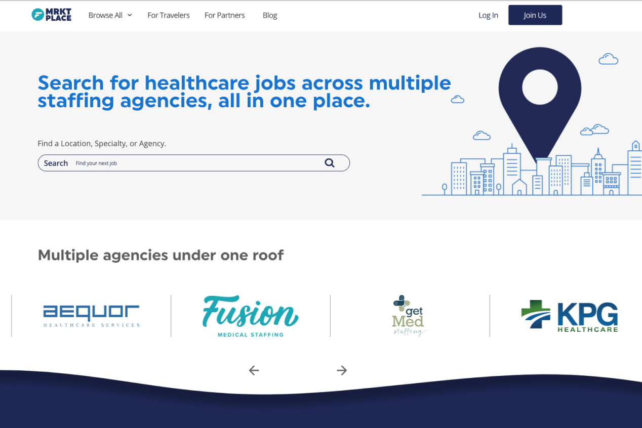 Fusion Marketplace homepage, search for healthcare jobs across multiple staffing agencies