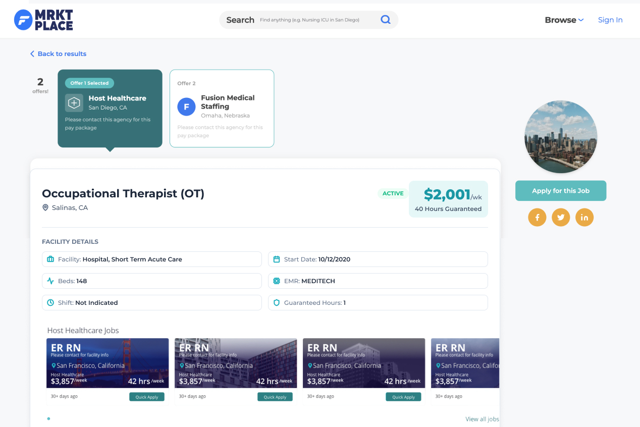 Fusion Marketplace job detail page comparing offers from two staffing agencies