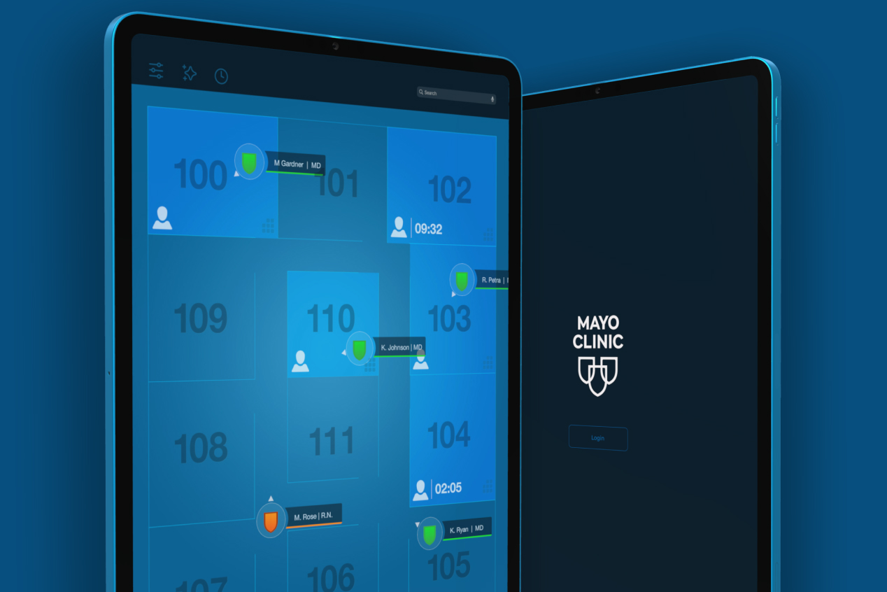 Mayo Clinic Care Team application login screen and floor plan view shown on tablet and phone