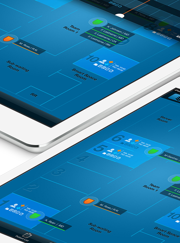 Mayo Clinic Care Team application floor plan detail, Team Room and Smart Space Room assignments on tablet