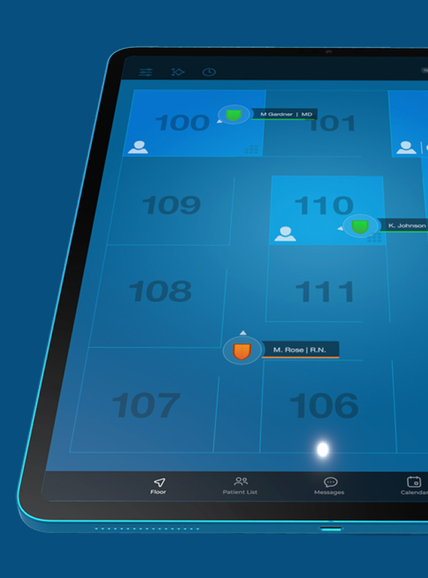 Mayo Clinic Care Team application floor plan detail, room status and provider assignments on tablet