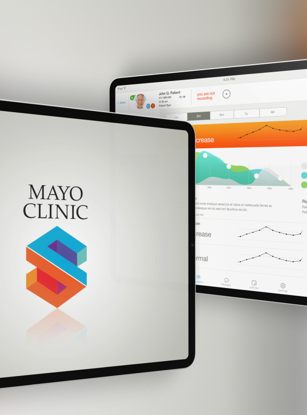 Mayo Clinic SmartSpace splash screen and patient dashboard shown on two tablets