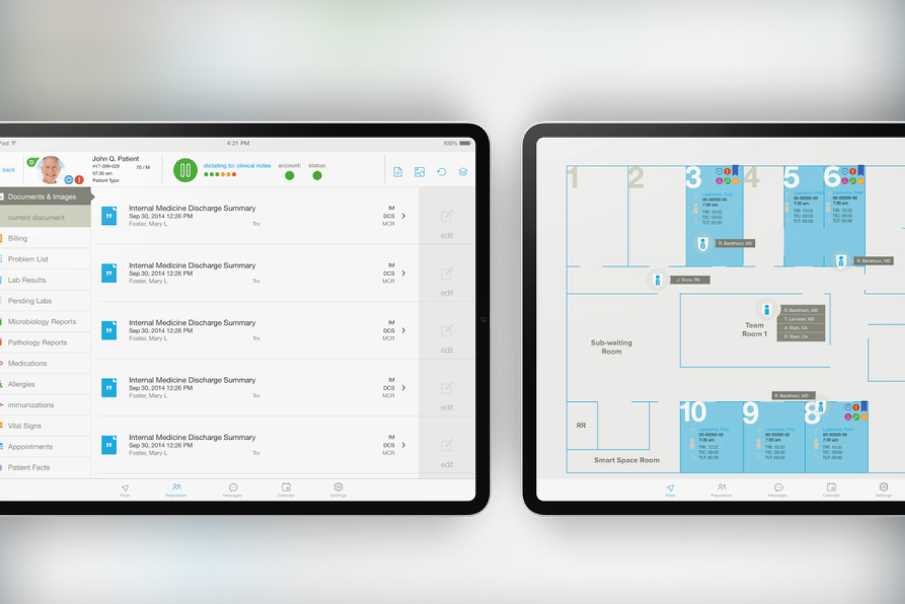 Mayo Clinic SmartSpace clinical documents and floor plan view shown on two tablets