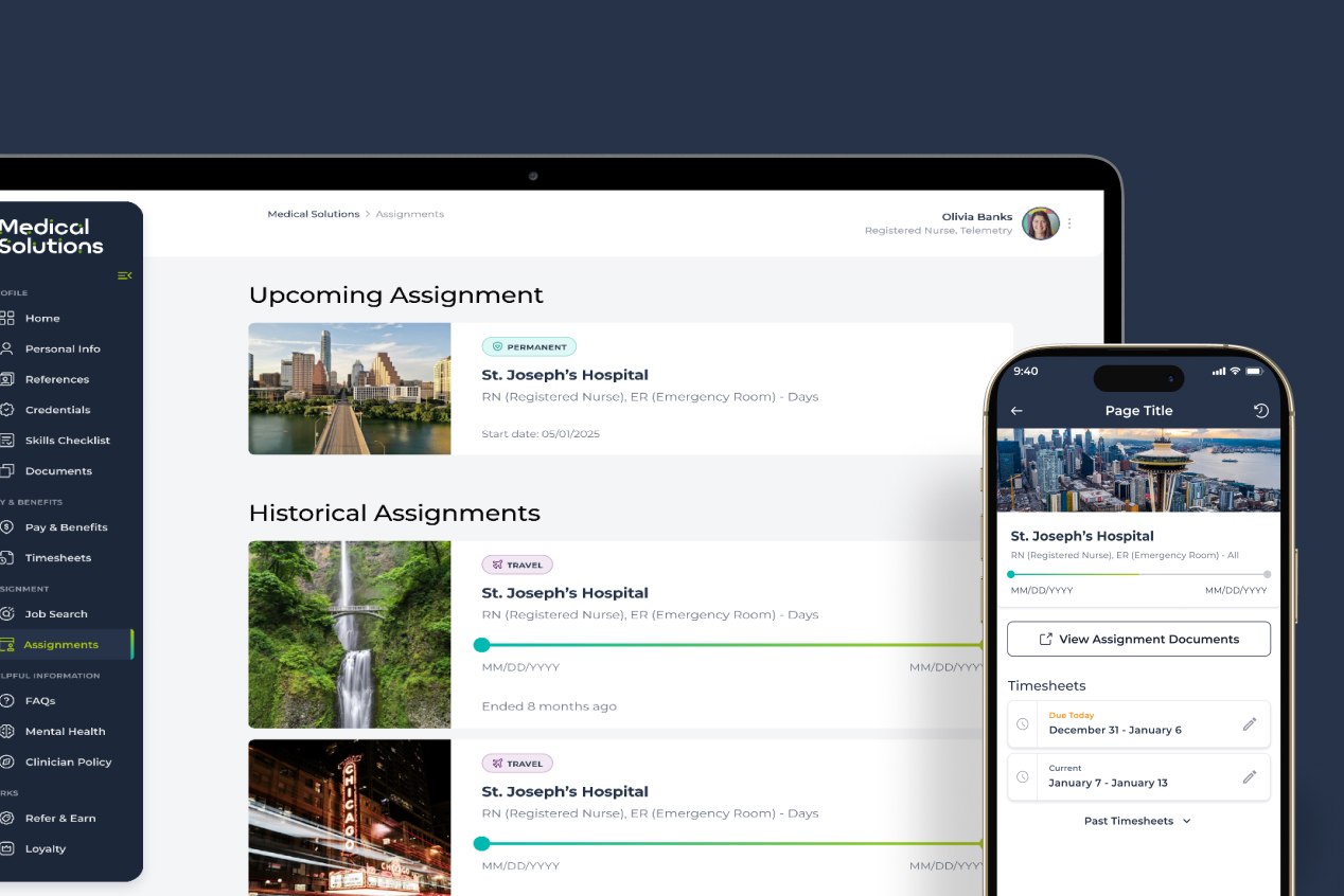 Medical Solutions Clinician App upcoming and historical assignments shown on tablet and phone