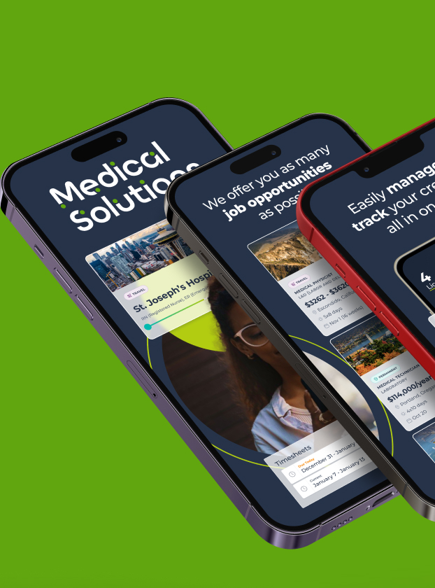 Medical Solutions Clinician App shown across three phone screens, branding and job board