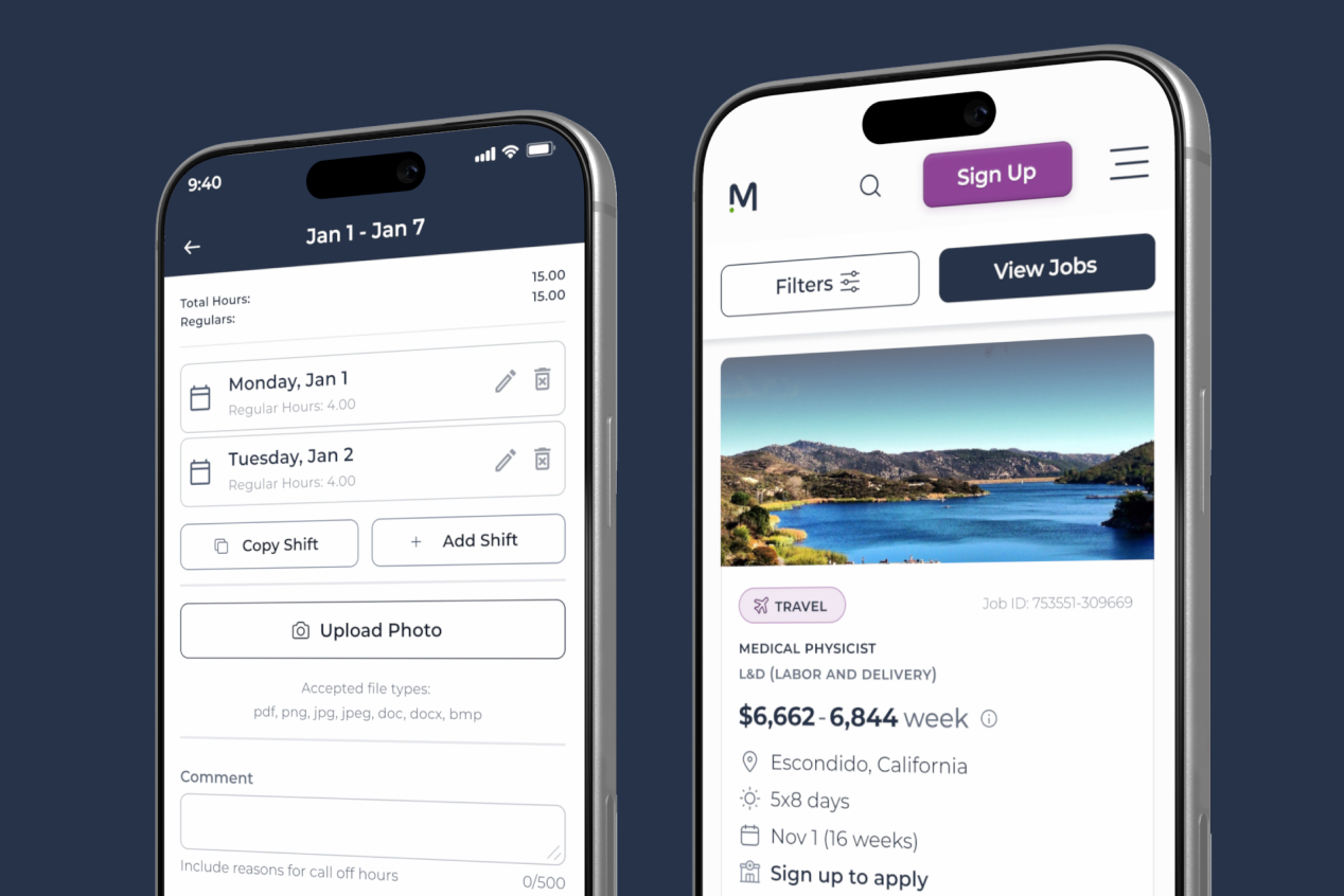 Medical Solutions Clinician App shift schedule and job listing shown on two phones