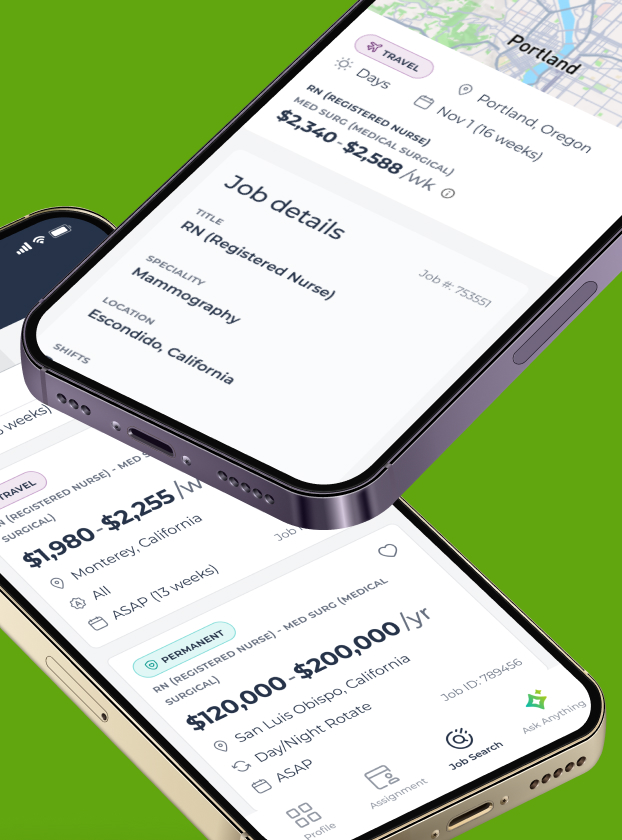 Medical Solutions Clinician App job search and job detail screens on two phones