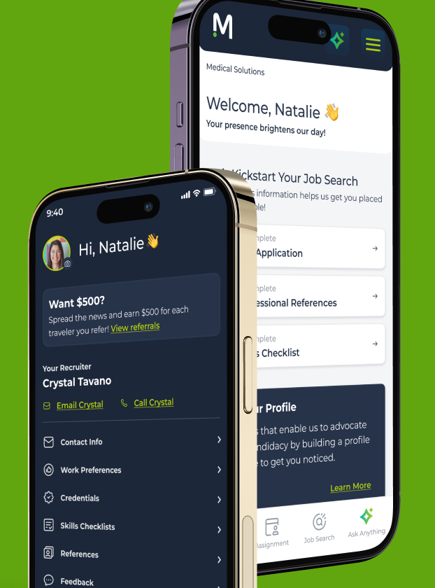 Medical Solutions Clinician App welcome and profile menu screens on two phones