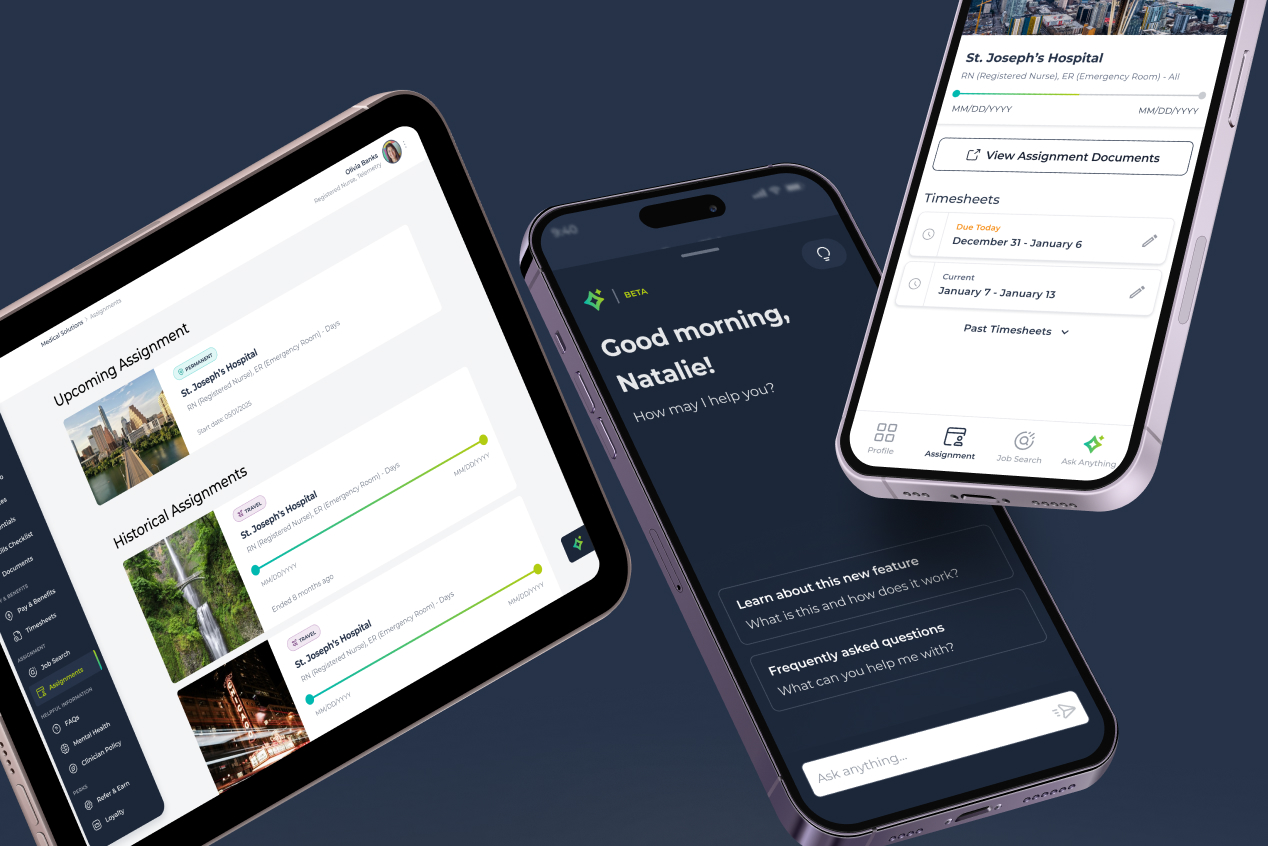 Medical Solutions Clinician App assignments and timesheets shown on tablet and two phones