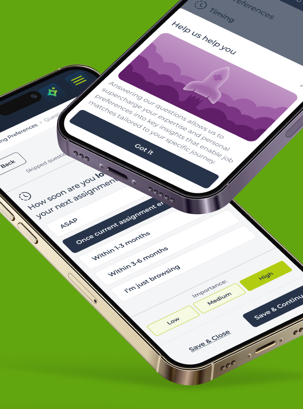 Medical Solutions Clinician App onboarding preferences screen on two phones