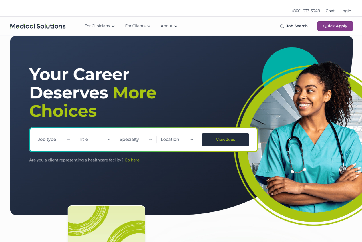 Medical Solutions homepage hero, Your Career Deserves More Choices, with job search bar