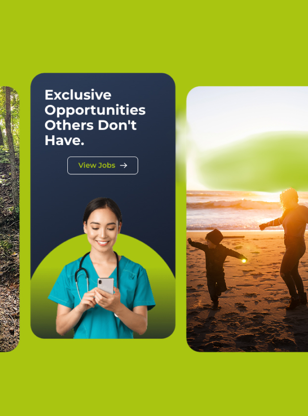 Medical Solutions Exclusive Opportunities app card alongside travel lifestyle photography