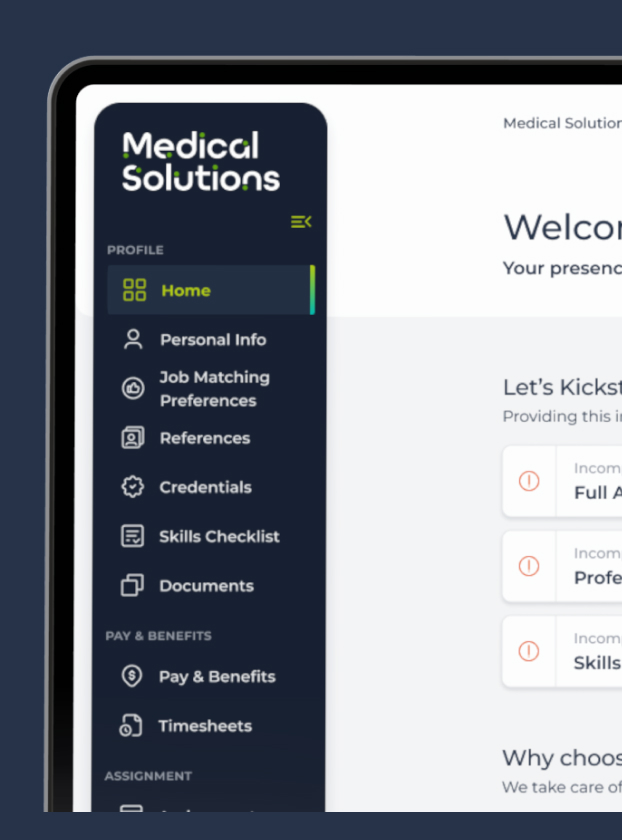 Medical Solutions clinician portal welcome and onboarding checklist on tablet