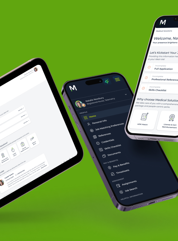 Medical Solutions portal and app shown across tablet and two phones
