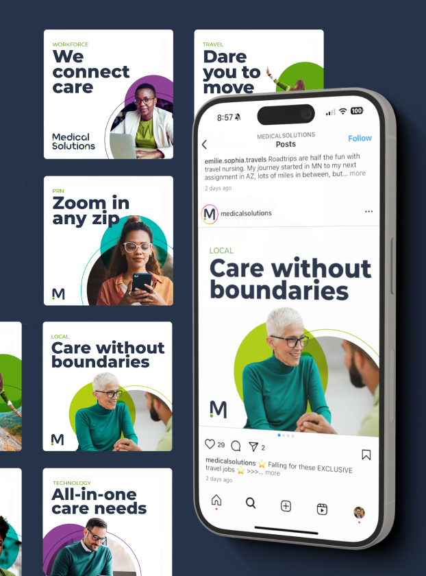 Medical Solutions social campaign tiles and Instagram post on dark background