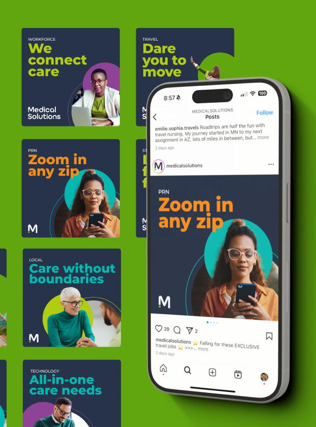 Medical Solutions social campaign tiles and Instagram post on green background