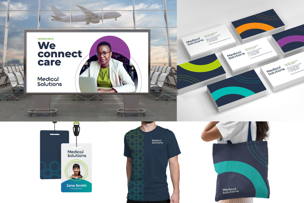 Medical Solutions brand collateral: airport billboard, business cards, badge, apparel, and tote bag