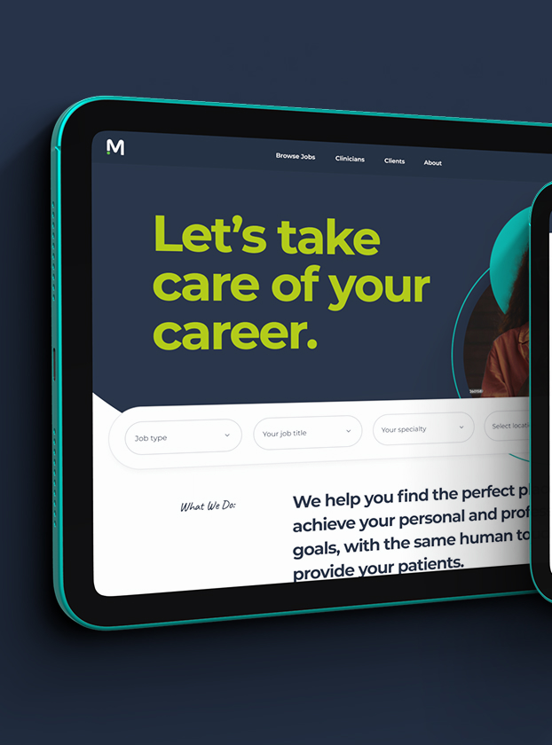 Medical Solutions site navigation and hero in dark mode on tablet