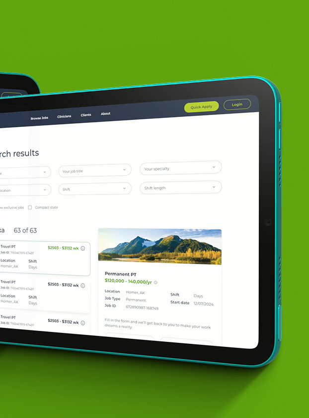 Medical Solutions job search results on tablet