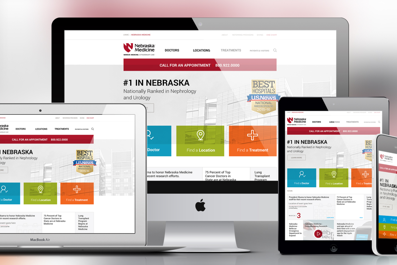 Nebraska Medicine website shown across iMac, MacBook Air, tablet, and phone