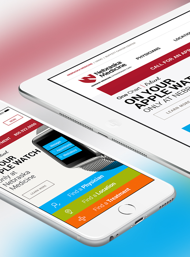 Nebraska Medicine Apple Watch integration feature shown on tablet and phone, angled view