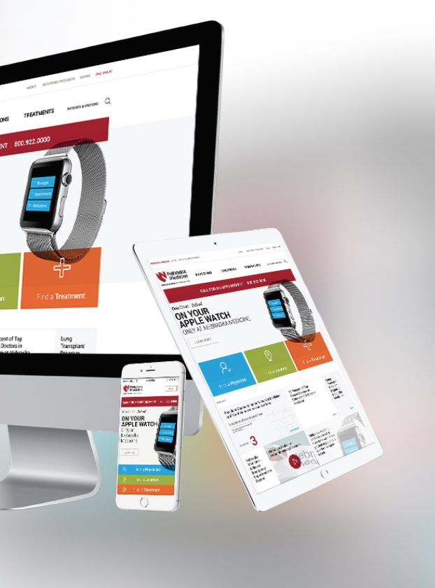 Nebraska Medicine Apple Watch integration feature shown across desktop, tablet, and phone