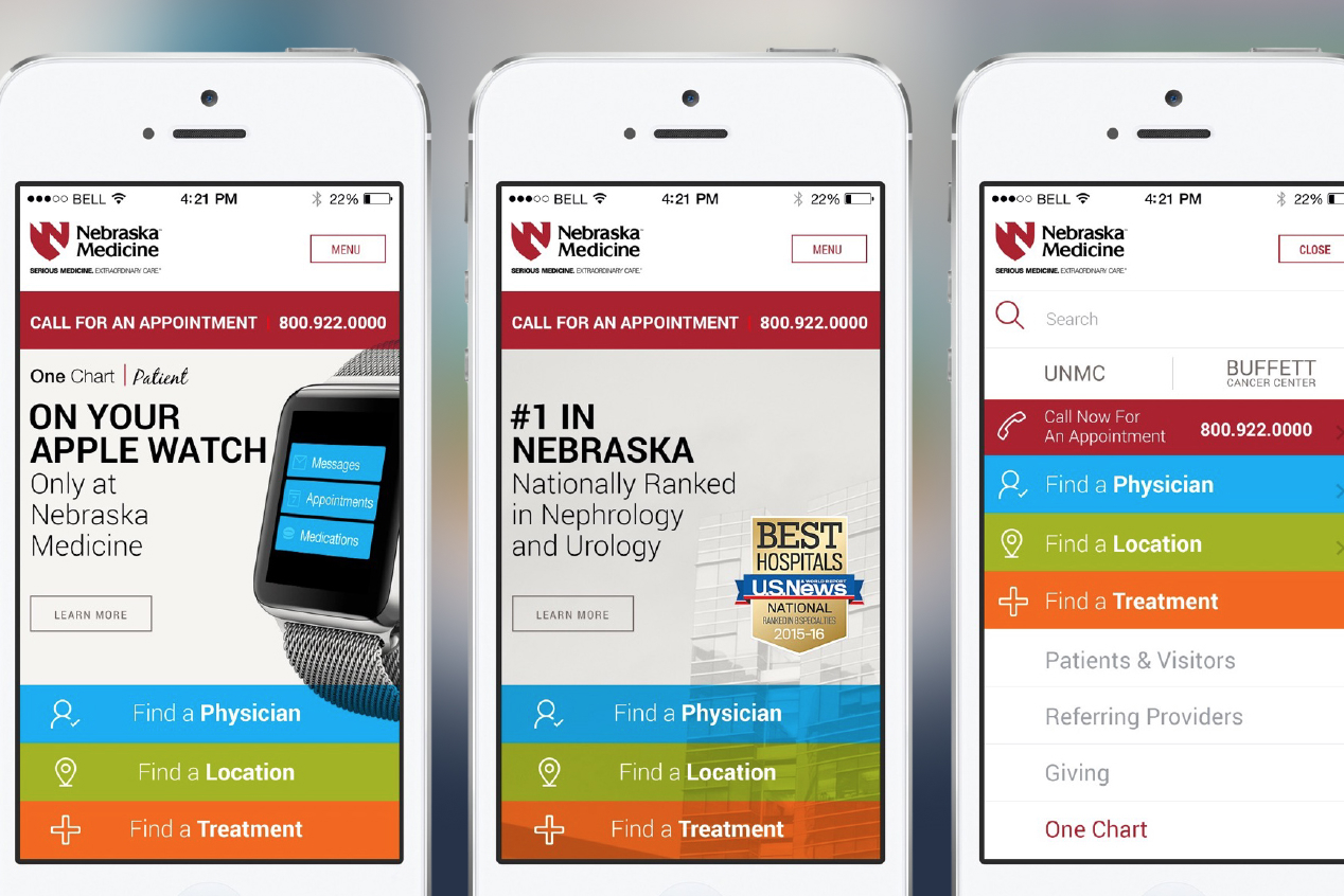 Three Nebraska Medicine mobile screens showing the homepage and navigation menu