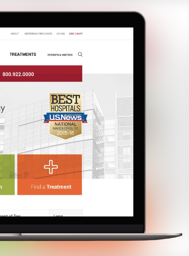 Nebraska Medicine homepage with Best Hospitals ranking badge and treatments navigation, shown on laptop