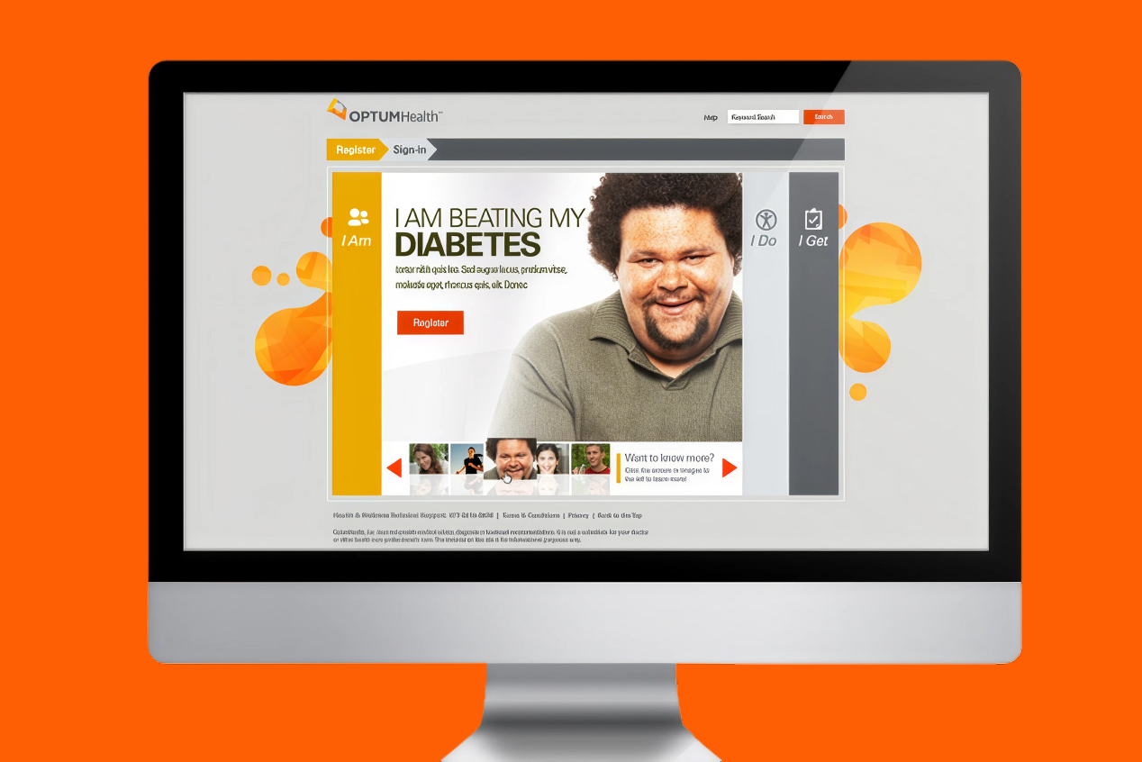 OptumHealth eSync Health Portal register/sign-in landing page with a diabetes program spotlight, shown on an iMac