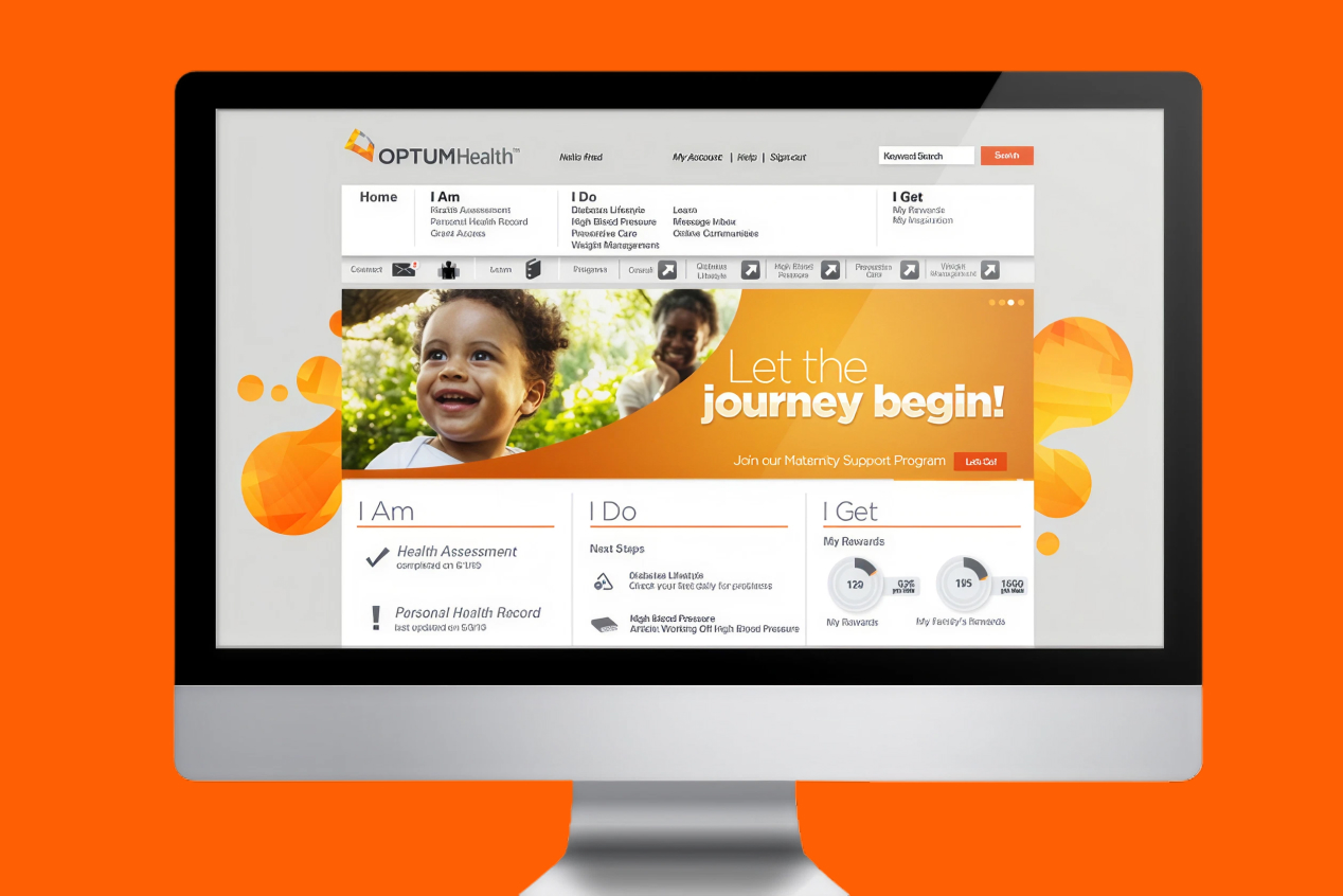 OptumHealth eSync Health Portal signed-in homepage with I Am, I Do, and I Get dashboard, shown on an iMac