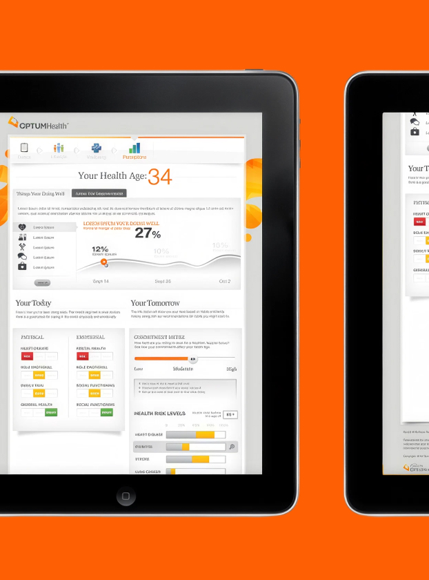 OptumHealth eSync Health Portal health age and progress dashboard shown on two tablets